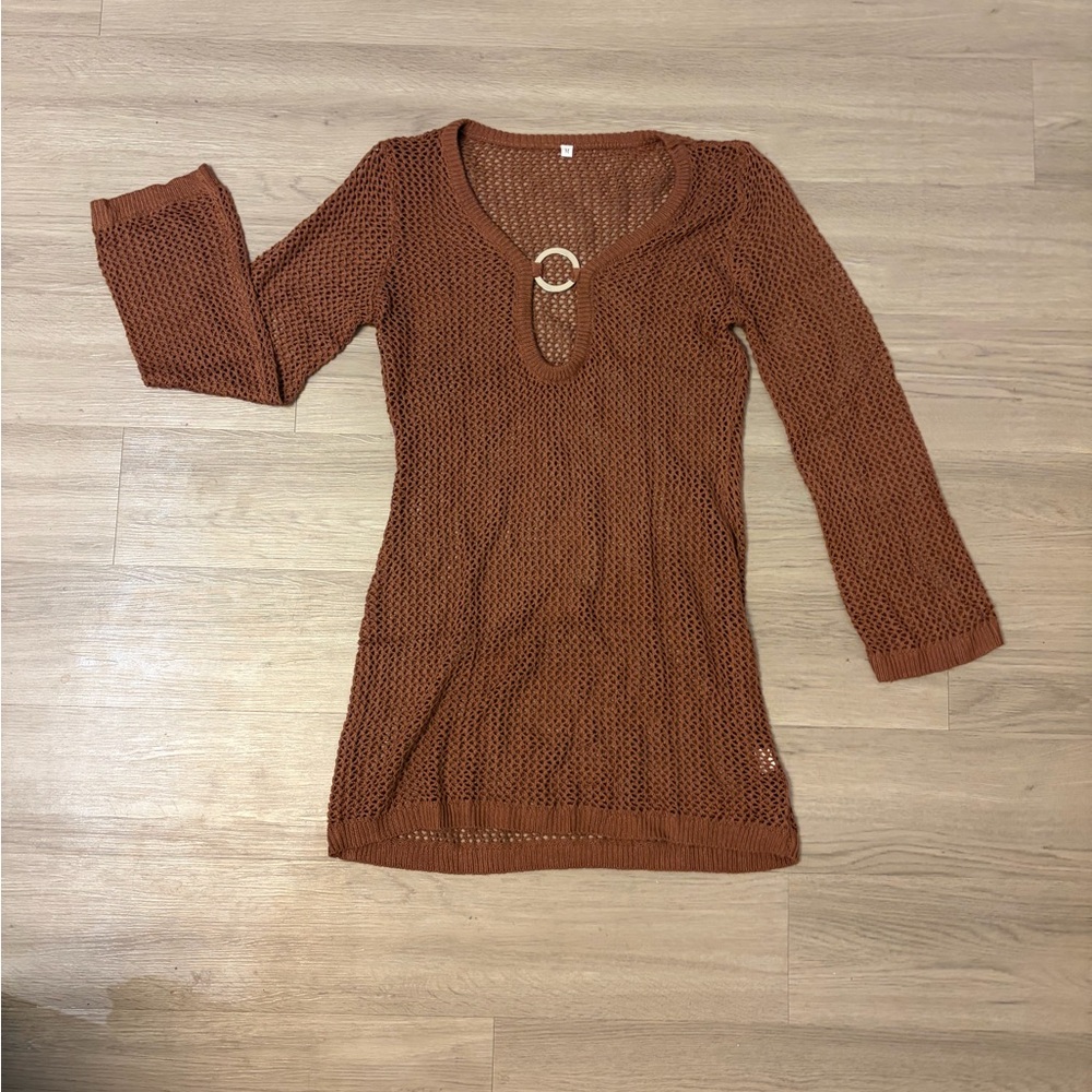 Rust Knit Open-Weave Sweater with Decorative Ring